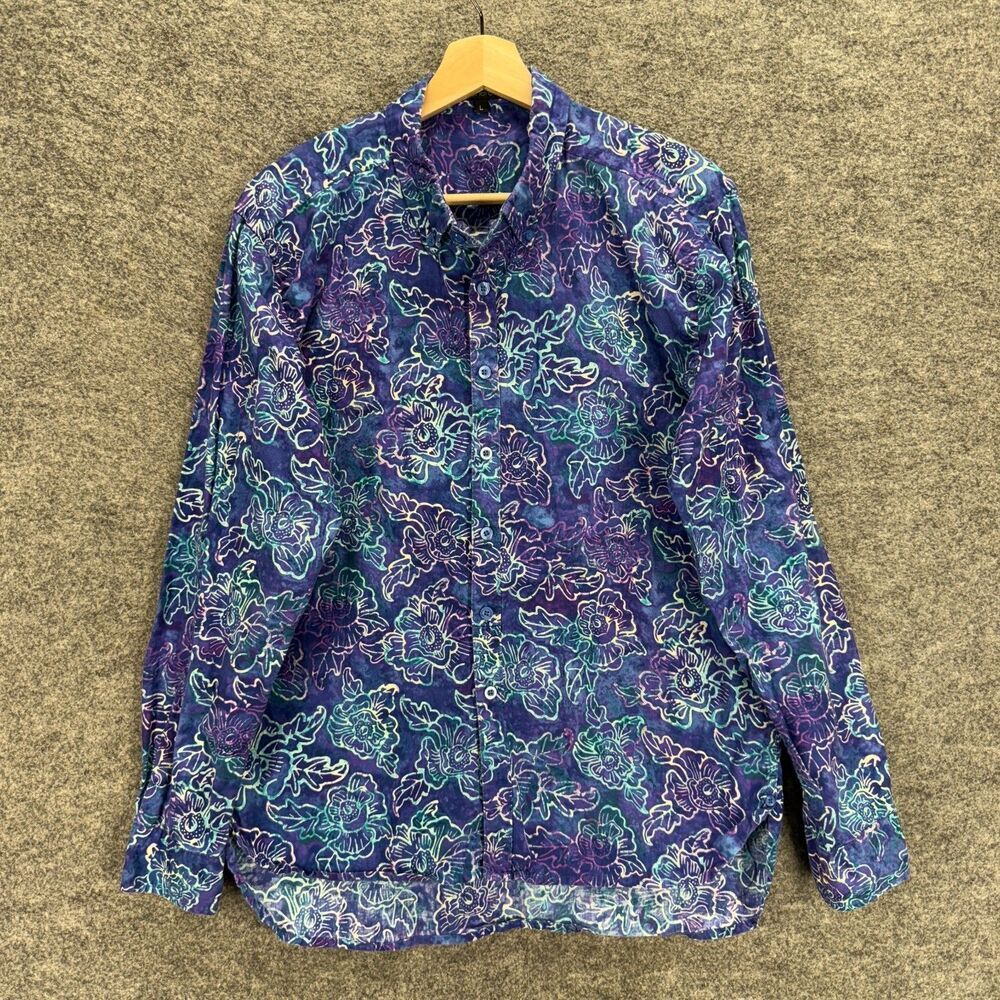 Ron Chereskin Shirt Men L Large Blue Floral Button Up Collared Long Sleeve